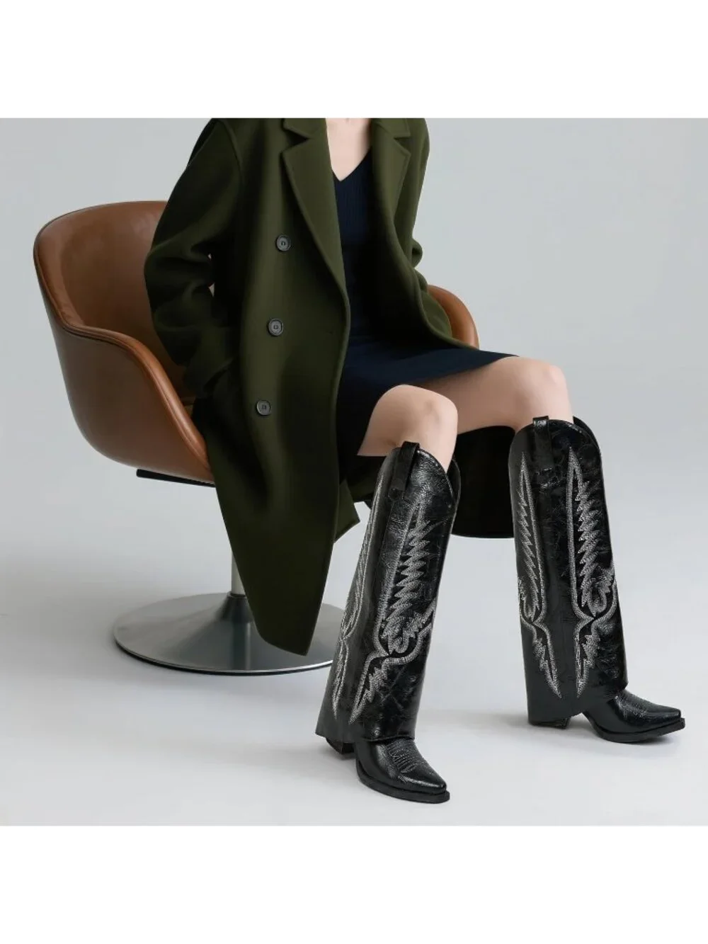 Women's Black 1 Pointed Toe Wedge Heel Side Zipper Knee High Shark Boots